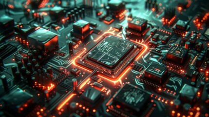 Modern circuit board with glowing components captured in a close-up view at night