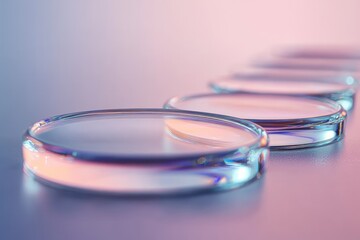 A row of glass discs under soft, ambient lighting, highlighting their smooth, transparent surfaces with a subtle glow.