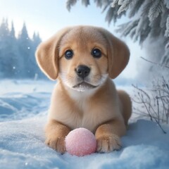 Adorable Puppy with Pink Ball in Snowy Winter Landscape. Cute puppy lying in the snow with a pink ball, surrounded by a serene winter landscape.