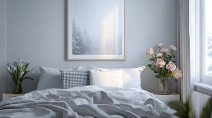 White Bed with Grey Pillows, Blanket, and Flowers in a Minimalist Bedroom