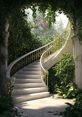 Fototapeta premium White Stone Staircase Leading to a Lush Garden