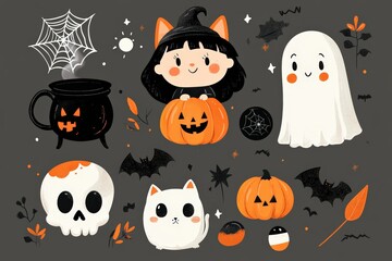 A charming set of cute Halloween characters, including jack-o'-lanterns, a black cat, a ghost, and bats, perfect for festive decoration.