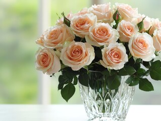 Obraz premium A detailed image of a bouquet of roses in a crystal vase, with droplets of water on the petals and the soft light of a nearby window illuminating the scene