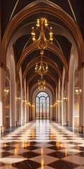 Obraz premium Golden Chandelier in a Grand Hallway with Checkerboard Floor