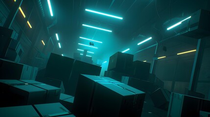 Neon Lights in a Warehouse with Boxes