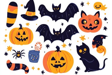 A fun Halloween-themed illustration featuring classic Halloween icons like bats, pumpkins, witches' hats, and more.