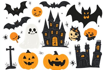 A spooky Halloween illustration featuring a haunted house surrounded by friendly ghosts, jack-o'-lanterns, and flying bats under a full moon.