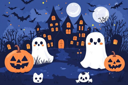 A spooky Halloween illustration featuring a haunted house surrounded by friendly ghosts, jack-o'-lanterns, and flying bats under a full moon.