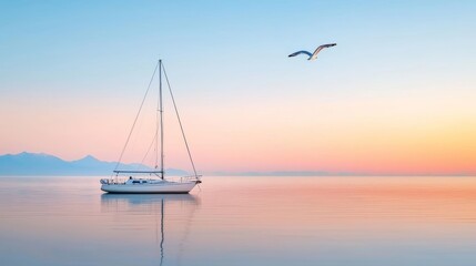 A serene scene of a sailboat drifting on a calm sea at dawn, with the horizon glowing softly and a single seagull flying overhead