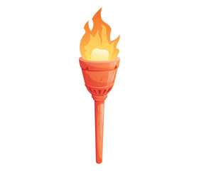 Ancient metal Medieval torch with burning fire. Cartoon element for pc game, flaming torchlight or lighting flambeau. Vector isolated illustration.