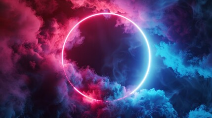 Vaporous neon circle in a colorful sky of red and blue hues, surrounded by soft clouds, creating a surreal atmosphere