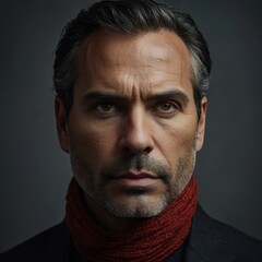 Fototapeta premium A stunning high-fashion portrait photograph of the head of a 42-year-old man, captured in exquisite detail, with a strong, defined jawline and prominent facial features