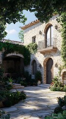 Stone House with Vines and Balcony Courtyard