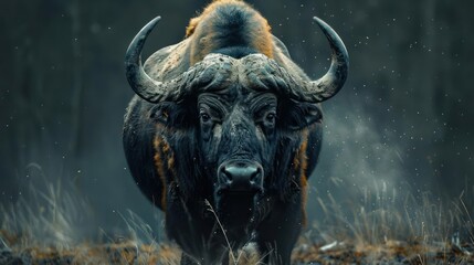 Naklejka premium A majestic buffalo, possibly a bull bison or a yak in the snow during winter.