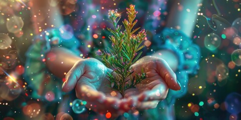 Hands holding plant with colorful bokeh background.