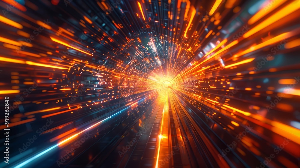 Poster digital tunnel with bright light and vibrant colors representing speed in a futuristic setting