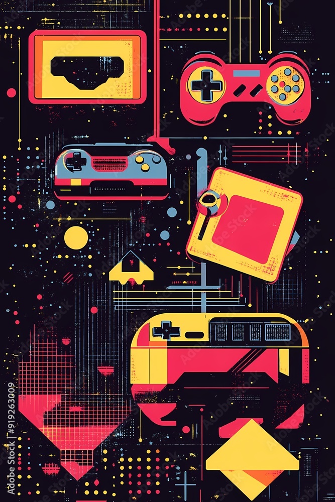 Poster abstract geometric design of game controllers, video game elements, and other icons with a grunge st
