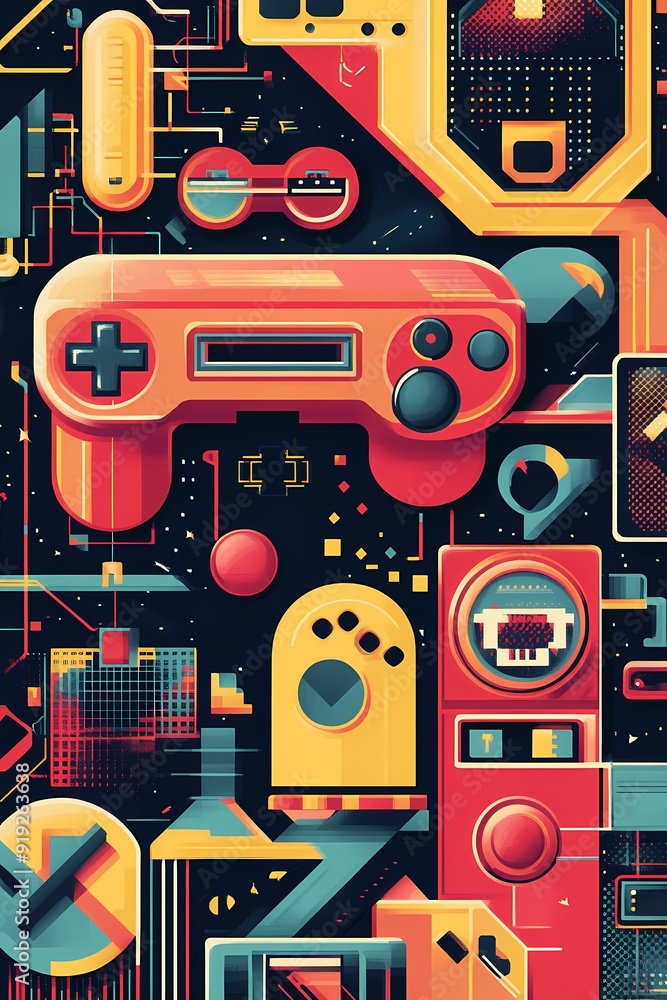 Poster abstract geometric pattern with a retro video game controller and other colorful shapes.