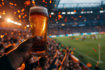 Cheers to victory: A fan celebrates with a beer at a lively soccer match. Generative AI