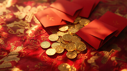 Traditional New Year scene, red envelopes and gold coins spread all over the table, a festive scene, symbolizing wealth and prosperity
