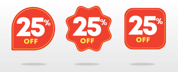 25% off. Price tag, value, promo. Sticker for social media, marketing, retail. Offer, business, campaign, advertising, propaganda. Shops, shopping, sales. Red, yellow balloons. Set, sign, icon, vector