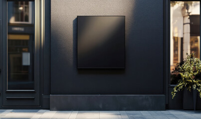 Blank black advertising board on a city building street during daytime