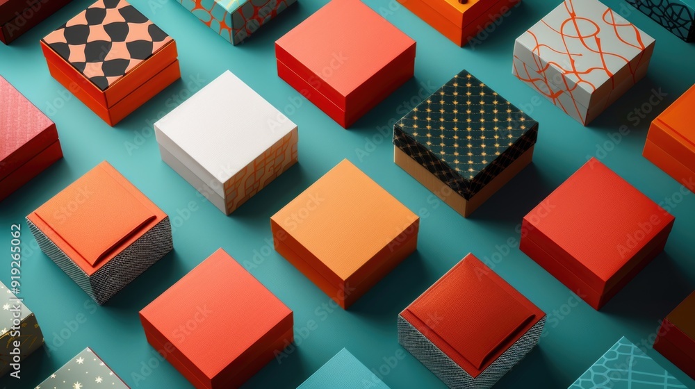 Poster A collection of colorful boxes sitting on a blue surface, ideal for use in packaging or product design concepts