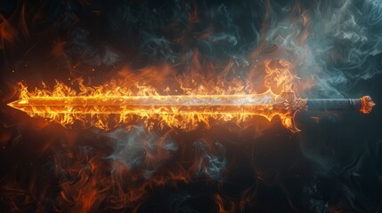 Flaming sword surrounded by swirling fire and smoke in a dark environment