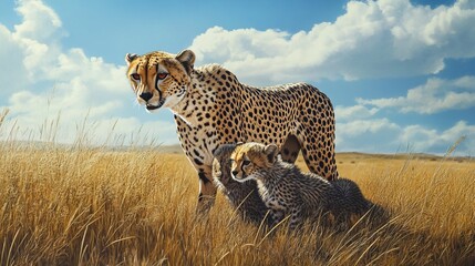 Obraz premium Hyperrealistic Cheetah Mother Nudging Cub: Stunning AI-Generated Image