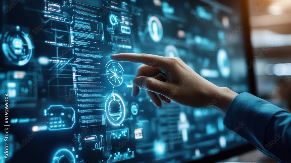 Poster hand interacting with futuristic interface on a screen