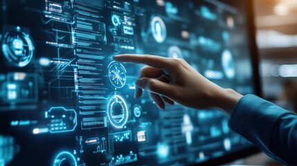 Hand Interacting with Futuristic Interface on a Screen