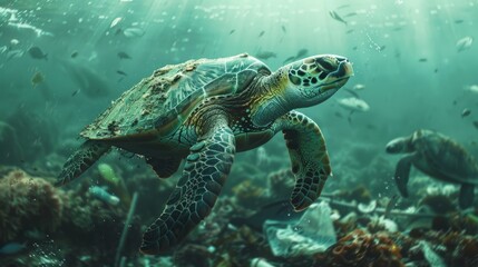 Fototapeta premium Sea turtle swimming through a coral reef in a tropical ocean with sunlight filtering through water