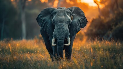 Naklejka premium A majestic gray elephant stands tall in a grassy field at sunset,