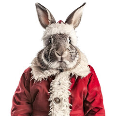 Rabbit in a Santa Suit head on the human body Isolated on transparent background.