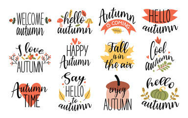 Autumn set of hand drawn vector lettering. Set of handwritten stickers for autumn season slogans on a white background. Autumn phrases with cute and cozy decorative elements.