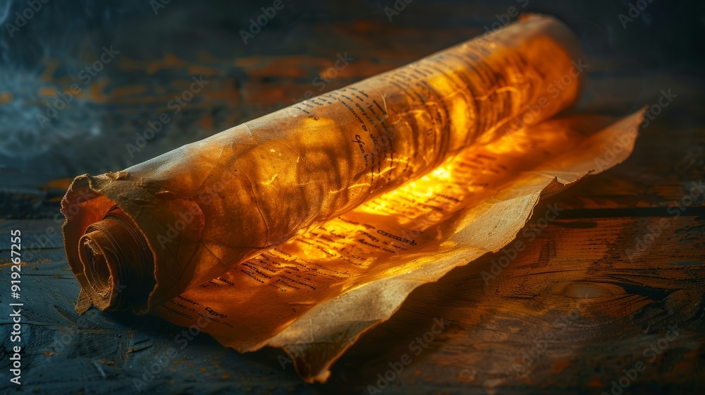 Aufkleber ancient scroll illuminated by warm light resting on a textured surface