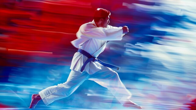 Kumite Action: Focused Male Karateka Competing in 67 kg Match