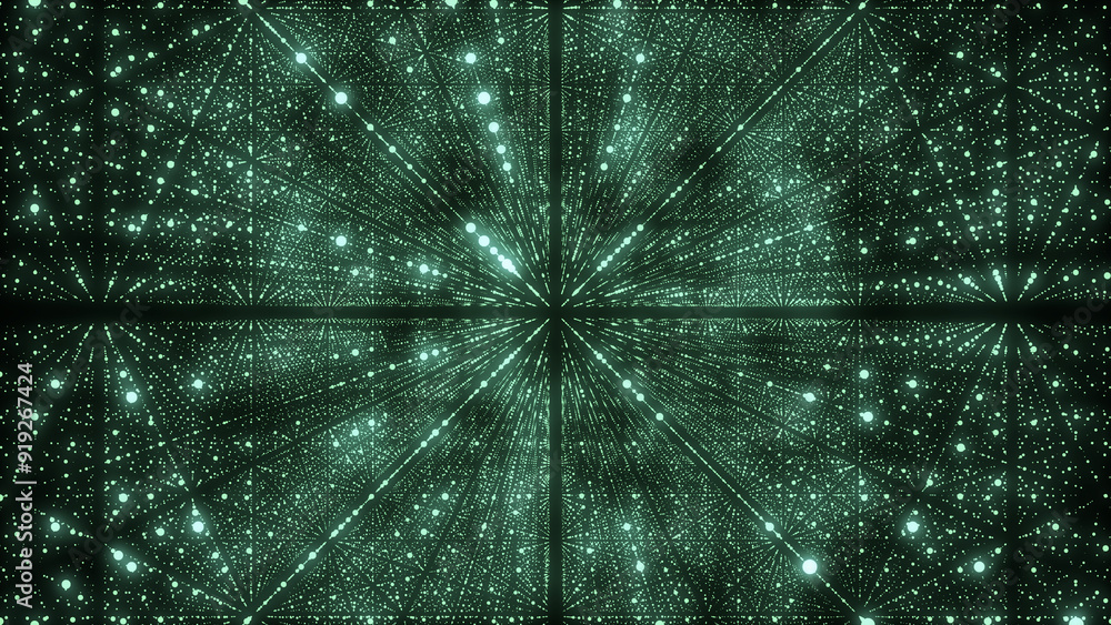 Poster Futuristic backdrop. Network connection structure cyberspace with moving particles in the galaxy. Big data visualization. Abstract cyber security background. 3D rendering.