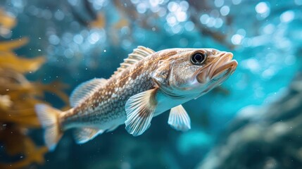 A vividly colored tropical fish swimming in the ocean, surrounded by underwater seaweed.