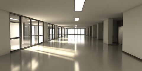 Empty Modern Office Hallway with Large Windows