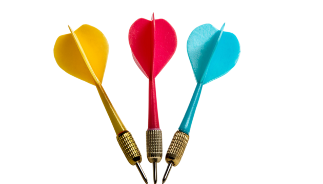 Colorful darts in vibrant hues of yellow, red, and blue, perfect for games, decorations, or as a fun toy.