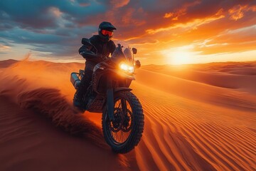 rugged adventure bike sand dunes dramatic sky lens flare dynamic pose rich desert colors detailed mechanics cinematic composition