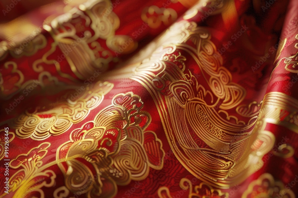 Poster high-quality image of intricate red and gold fabric, ideal for use in editorial or commercial contex