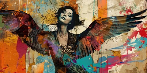 Fototapeta premium Abstract art, angel wings, woman, colorful.