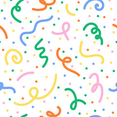 Multicolored confetti and ribbons seamless pattern. Funny party colorful doodle background.