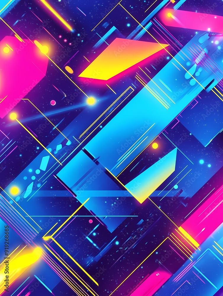 Poster abstract geometric pattern with neon color shapes and lines.