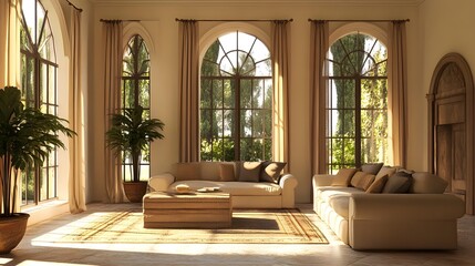 Elegant Living Room With Arched Windows And Beige Sofas