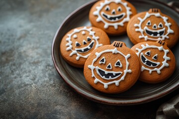 Plate of Halloween-themed cookies shaped like jack-o'-lanterns, decorated with black and white icing.