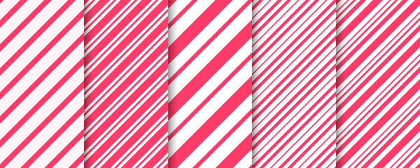 Candy cane striped diagonal seamless pattern. Christmas red and white lines backgrounds set.