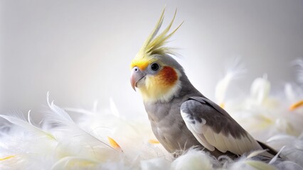 A bright and curious cockatiel perches on a sleek white background, its vibrant grey and white feathers glistening in the soft, even light.